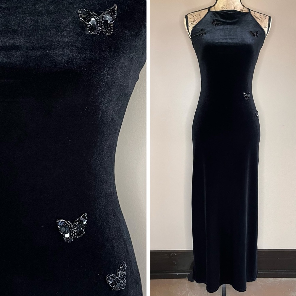 🦋 90s Vintage City Triangles Velvet Butterfly Maxi Dress Side Slit VTG Y2K